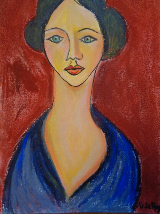 Painting titled "Femme au châle bleu." by Virginie Le Roy, Original Artwork, Pastel