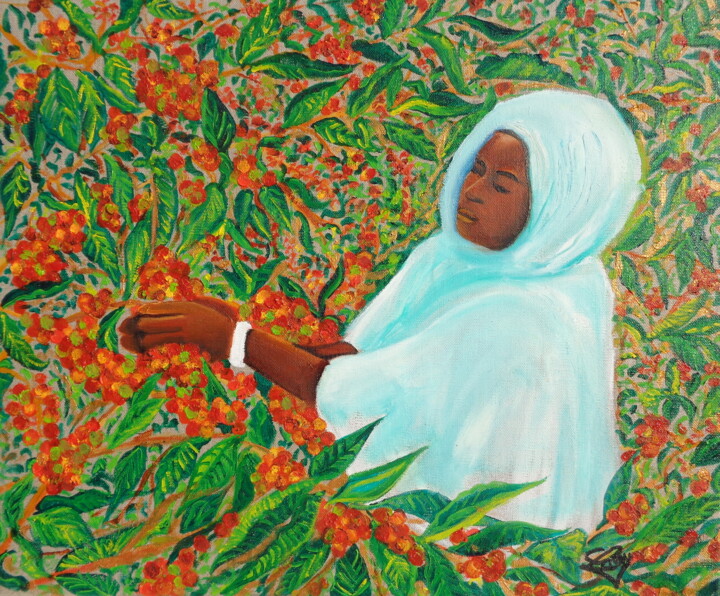 제목이 "Récolte du café"인 미술작품 Virginie Le Roy로, 원작, 기름 나무 들것 프레임에 장착됨