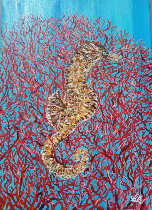 Painting titled "Hippocampe" by Virginie Le Roy, Original Artwork, Oil Mounted on Wood Stretcher frame