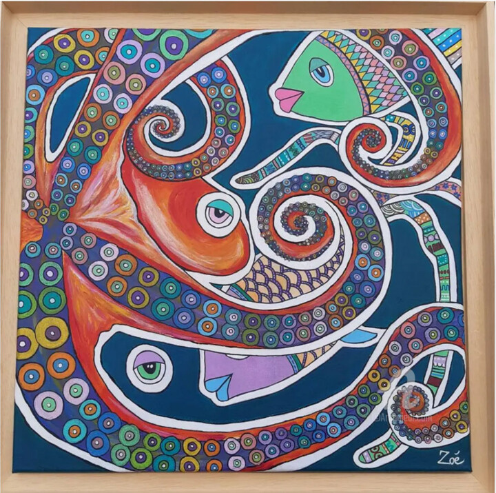 Painting titled "Octopus" by Virginie Vals, Original Artwork, Acrylic Mounted on Wood Stretcher frame