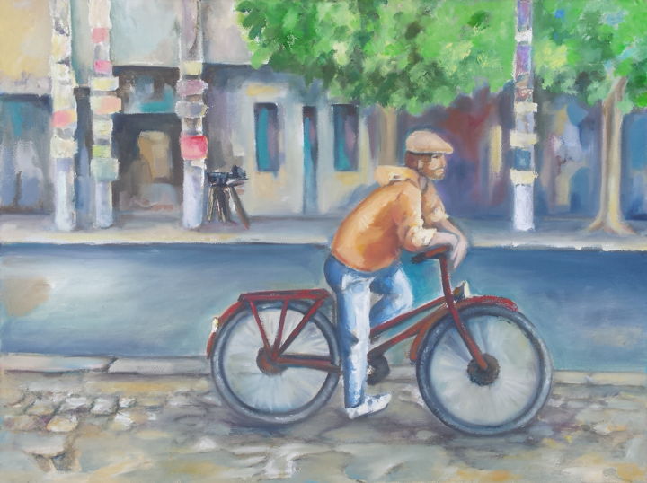 Painting titled "Le cycliste berlino…" by Virginie Weiss, Original Artwork, Oil