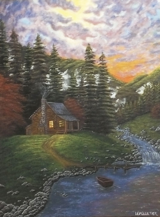 Painting titled "Le chalet montagnard" by Virginie Lepelletier, Original Artwork, Acrylic Mounted on Wood Stretcher frame
