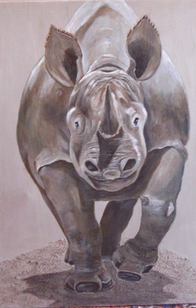 Painting titled "Le rhino" by Virginie Px, Original Artwork, Oil