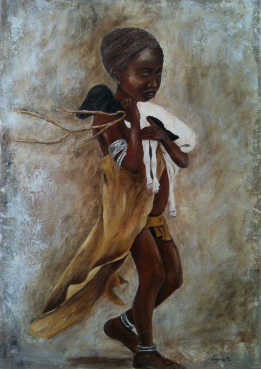 Painting titled "L'enfant africain" by Virginie Px, Original Artwork, Oil