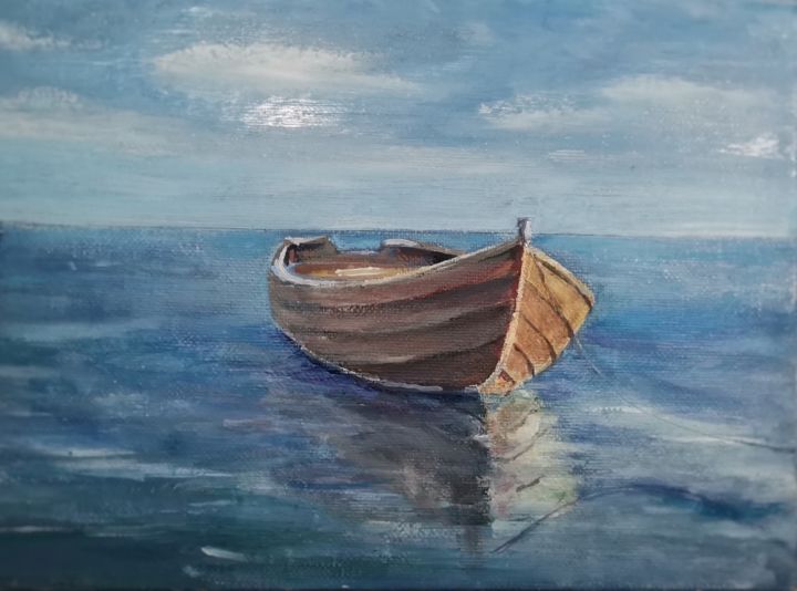 「Boat in ocean」というタイトルの絵画 Virginija Klibavičienėによって, オリジナルのアートワーク, オイル
