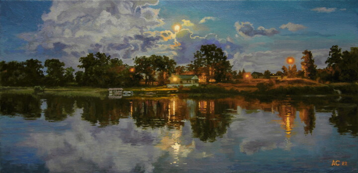 Картина под названием "Вечер на реке" - Александр Самохвалов, Подлинное произведение искусства, Масло