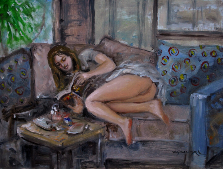 Painting titled "Girl reading2" by Vishalandra Dakur, Original Artwork, Oil