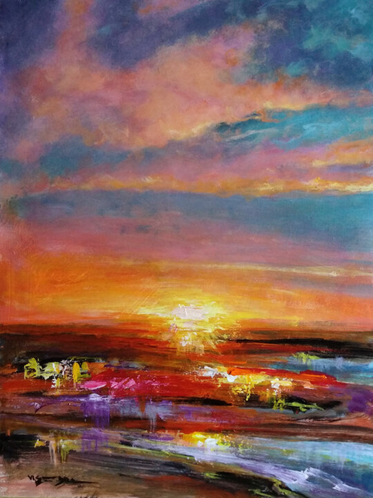Painting titled "Sunset54" by Vishalandra Dakur, Original Artwork, Acrylic