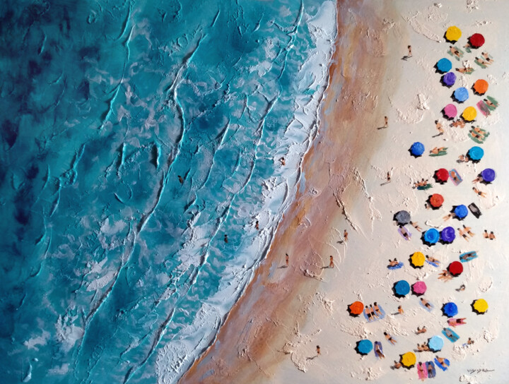 Painting titled "Beach Umbrellas" by Vishalandra Dakur, Original Artwork, Oil