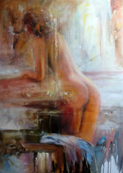 Painting titled "girl by table" by Vishalandra Dakur, Original Artwork, Oil