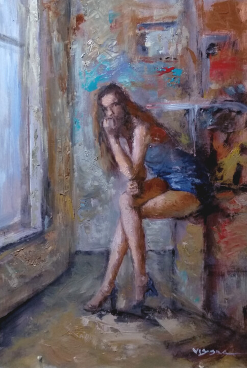 Painting titled "Girl sittingtt" by Vishalandra Dakur, Original Artwork, Oil