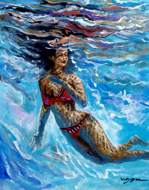 Pintura titulada "Girl swimming" por Vishalandra Dakur, Obra de arte original, Acrílico