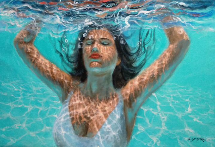 Pintura titulada "pond girl" por Vishalandra Dakur, Obra de arte original, Oleo