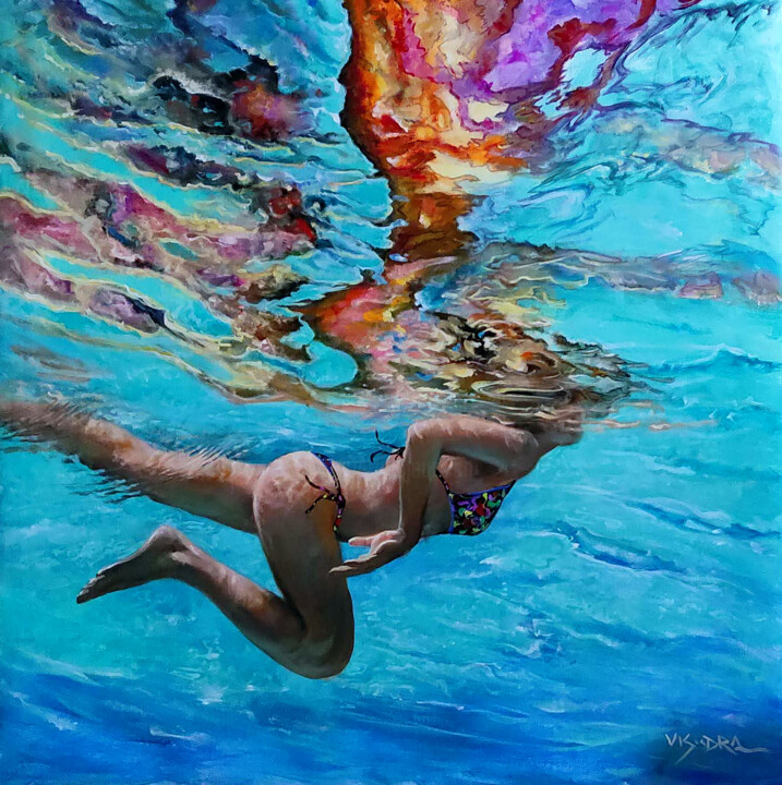 Malerei mit dem Titel "Girl swimming2" von Vishalandra Dakur, Original-Kunstwerk, Acryl