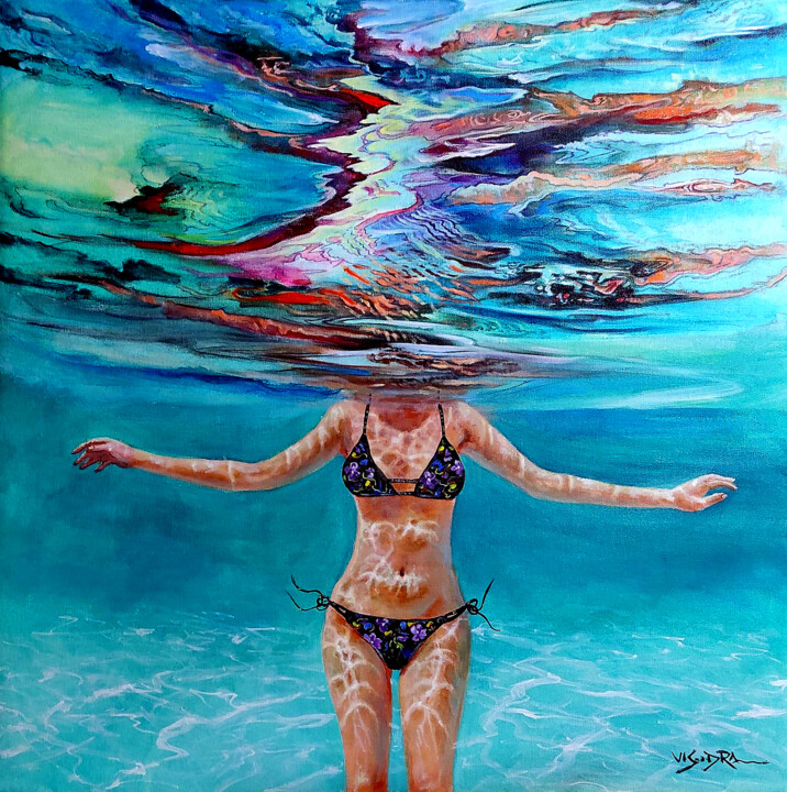 Painting titled "Girl swimming4" by Vishalandra Dakur, Original Artwork, Acrylic