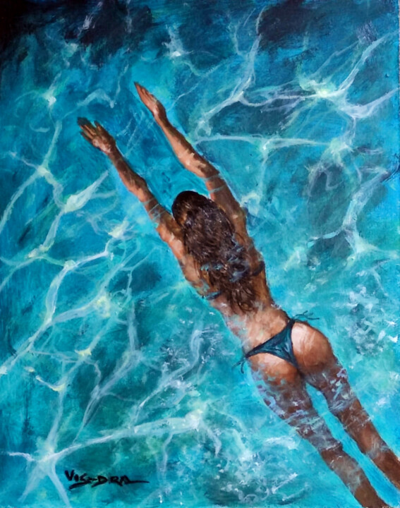 Ζωγραφική με τίτλο "Girl swimming48" από Vishalandra Dakur, Αυθεντικά έργα τέχνης, Ακρυλικό