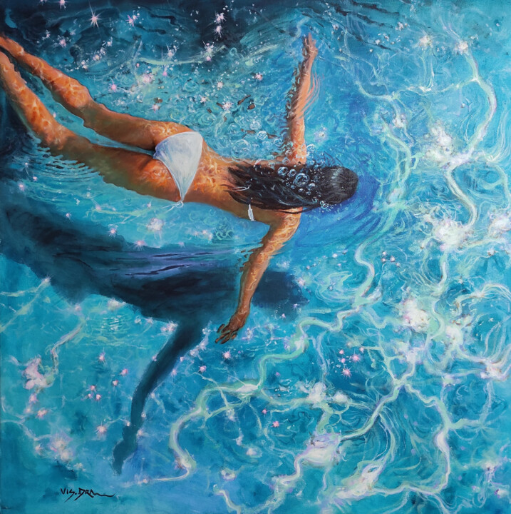 Malerei mit dem Titel "Girl swimming60" von Vishalandra Dakur, Original-Kunstwerk, Acryl