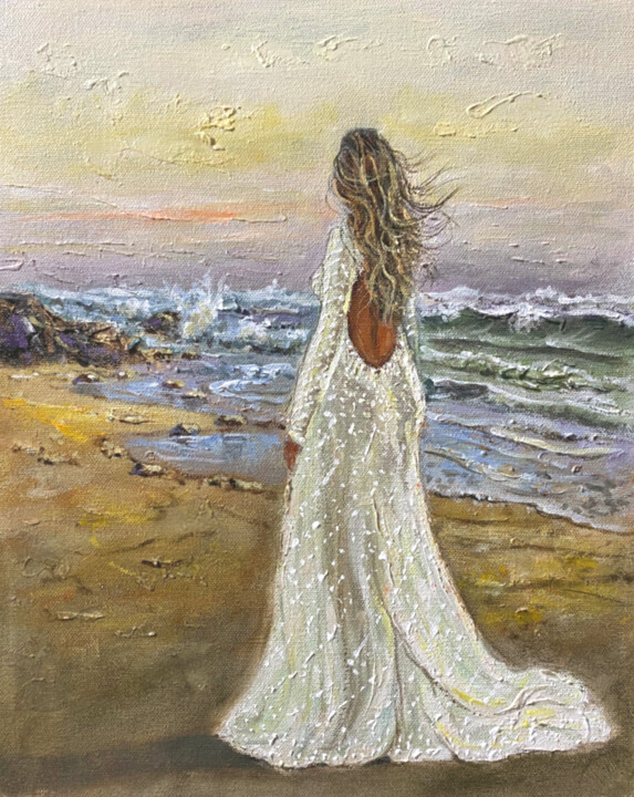Peinture intitulée "Beach girl walking" par Vishalandra Dakur, Œuvre d'art originale, Huile