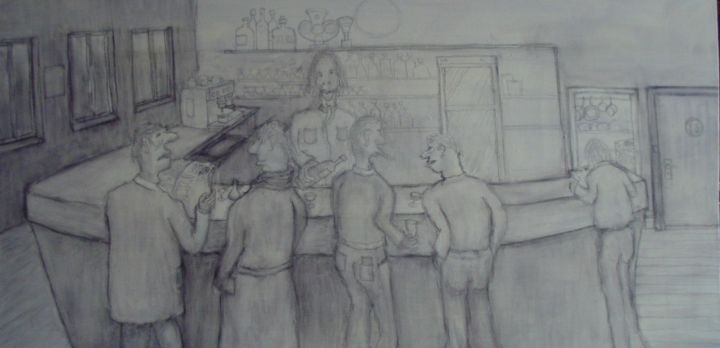 Desenho intitulada "Bar du jeu de boule…" por Gerrit Gerard Visser, Obras de arte originais, Lápis