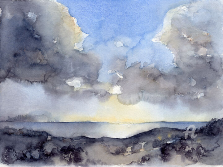 Painting titled "Clouds over the sea" by Adriana Mueller, Original Artwork, Watercolor
