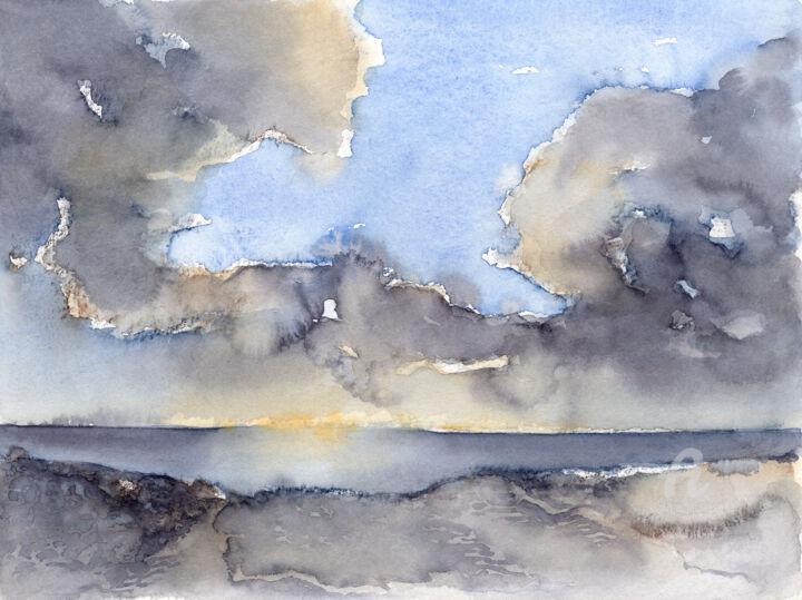 Картина под названием "Clouds over the sea…" - Adriana Mueller, Подлинное произведение искусства, Акварель