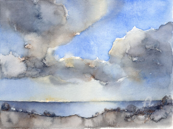 Malerei mit dem Titel "Clouds over the sea…" von Adriana Mueller, Original-Kunstwerk, Aquarell