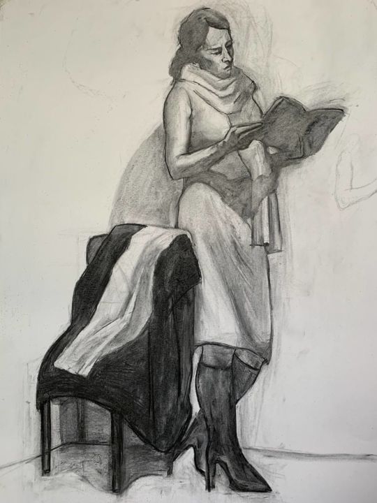 Disegno intitolato "Женщина с книжкой" da Vita Komirna, Opera d'arte originale, Carbone
