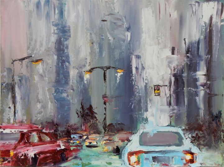 Painting titled "Traffic in the rain." by Vita Schagen, Original Artwork, Oil