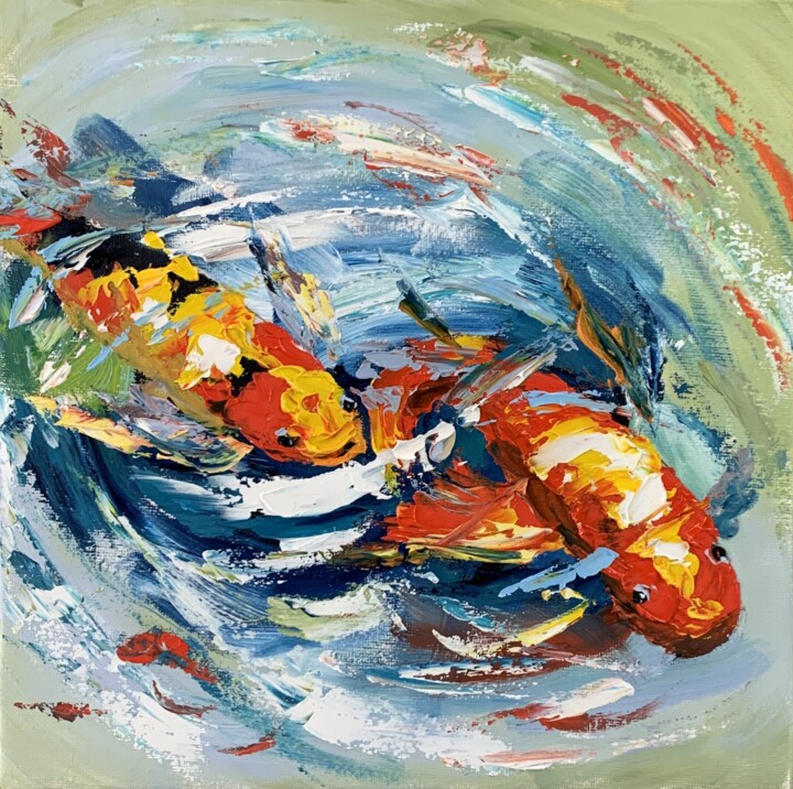 Картина под названием "Koi fish in the pon…" - Vita Schagen, Подлинное произведение искусства, Масло Установлен на картон