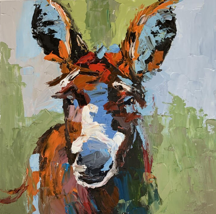 Painting titled "Donkey (#7)" by Vita Schagen, Original Artwork, Oil Mounted on Cardboard