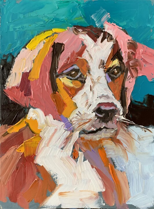 Картина под названием "Spaniel puppy, dog." - Vita Schagen, Подлинное произведение искусства, Масло Установлен на картон