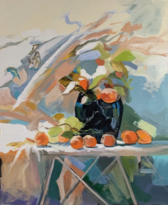 Painting titled "Apricots. Still lif…" by Vita Schagen, Original Artwork, Oil Mounted on Wood Stretcher frame