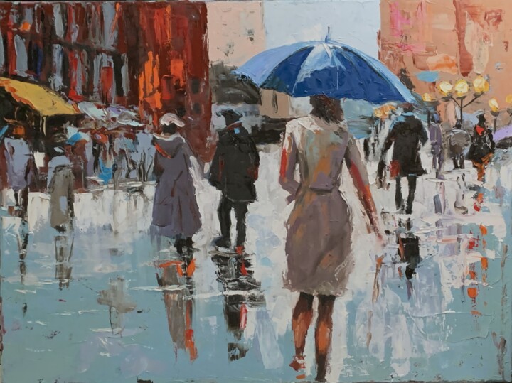Painting titled "Rainy city. People…" by Vita Schagen, Original Artwork, Oil Mounted on Wood Stretcher frame