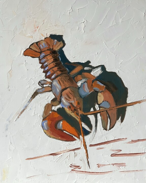 Painting titled "Lobster." by Vita Schagen, Original Artwork, Oil Mounted on Cardboard