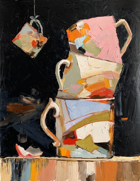 Painting titled "Still life with tea…" by Vita Schagen, Original Artwork, Oil Mounted on Wood Stretcher frame