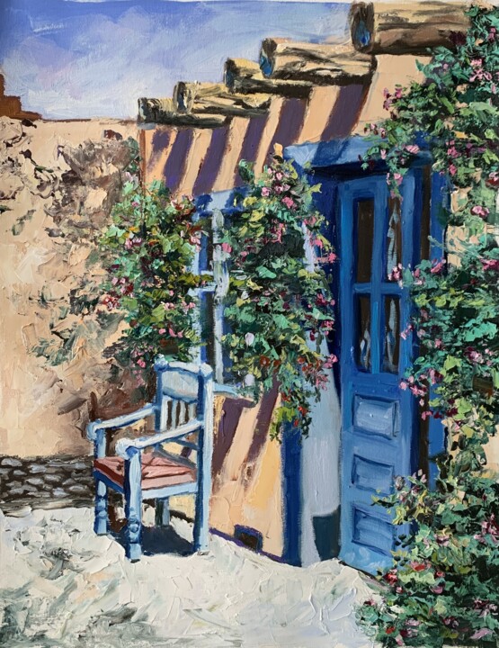 Painting titled "Italian courtyard." by Vita Schagen, Original Artwork, Oil Mounted on Wood Stretcher frame