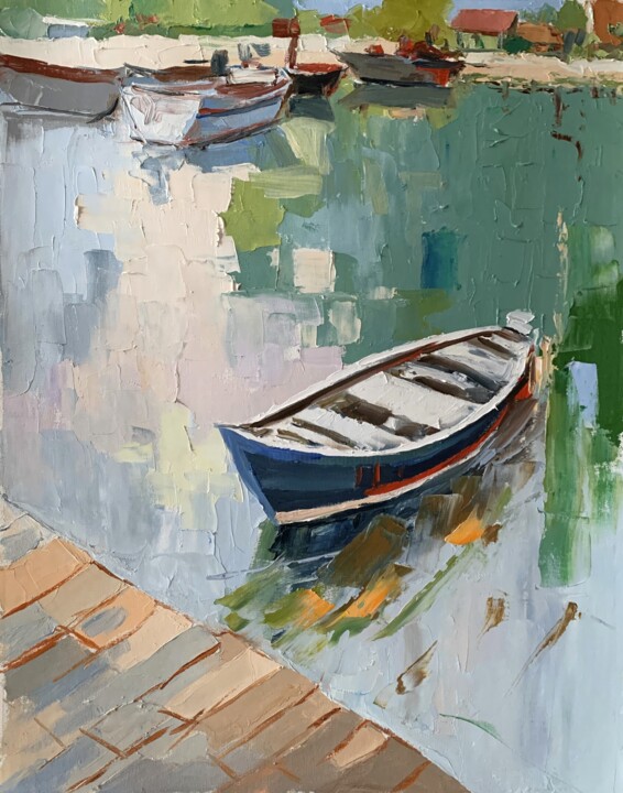Painting titled "Sailboat on the lak…" by Vita Schagen, Original Artwork, Oil Mounted on Wood Stretcher frame
