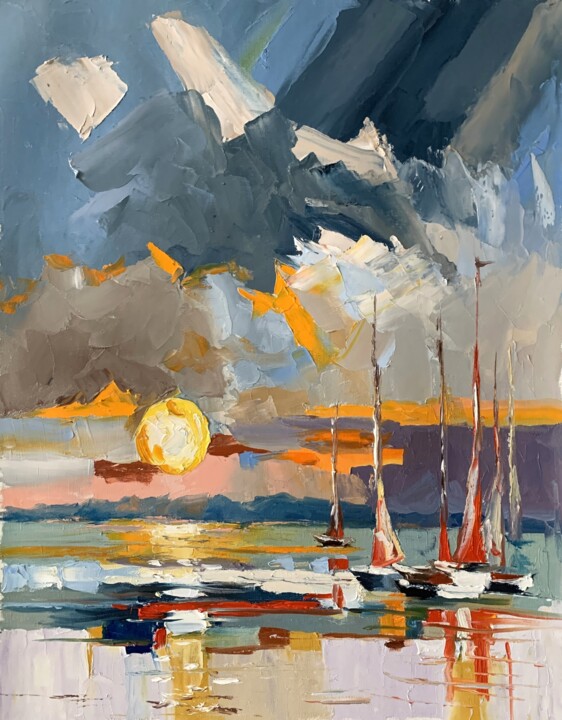 Painting titled "Yachts at sunset. O…" by Vita Schagen, Original Artwork, Oil Mounted on Wood Stretcher frame