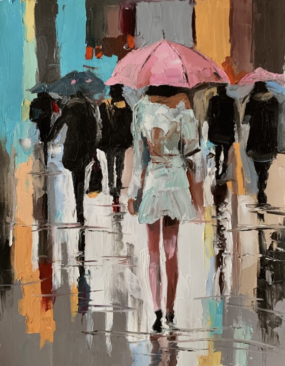 Painting titled "Woman with umbrella…" by Vita Schagen, Original Artwork, Oil Mounted on Wood Stretcher frame