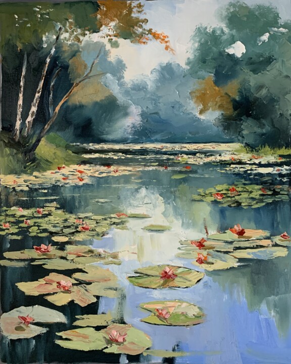 绘画 标题为“Pond with water lil…” 由Vita Schagen, 原创艺术品, 油 安装在木质担架架上