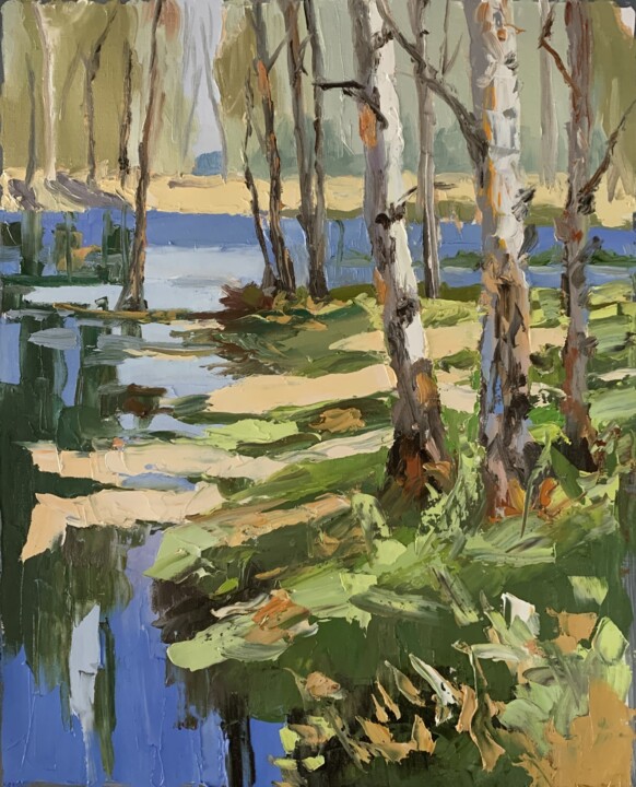 Peinture intitulée "Birch forest by the…" par Vita Schagen, Œuvre d'art originale, Huile Monté sur Châssis en bois