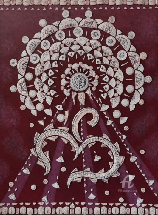 Textilkunst mit dem Titel "Dandelion-Omkara" von Vitalia Stupak, Original-Kunstwerk, Acryl