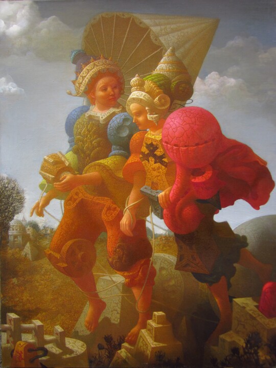 Картина под названием ""Бегущие в пейзаже"" - Vitalii Smachtin, Подлинное произведение искусства, Масло Установлен на Деревя…