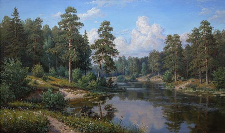 Картина под названием "На озере.Тёплый веч…" - Виталий Потапов, Подлинное произведение искусства, Масло