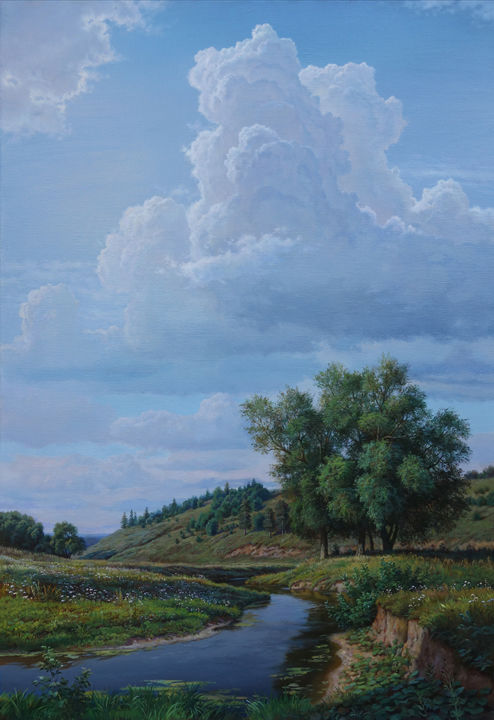 Painting titled "Пейзаж с облаками." by Vitalii Potapov, Original Artwork, Oil