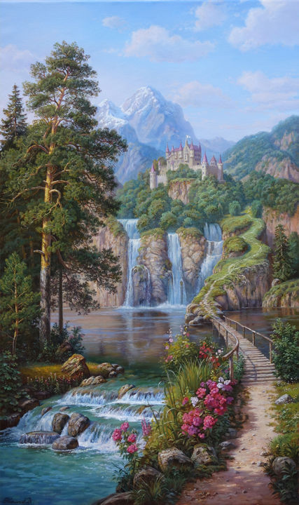 Painting titled "Пейзаж с замком." by Vitalii Potapov, Original Artwork, Oil