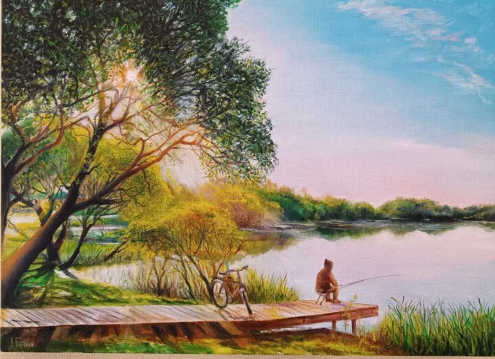 Картина под названием "Утренняя рыбалка" - Vitaliy Boreiko, Подлинное произведение искусства, Масло