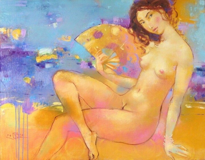 Painting titled "Девушка с веером" by Vitaliy Kotendzhi, Original Artwork, Oil