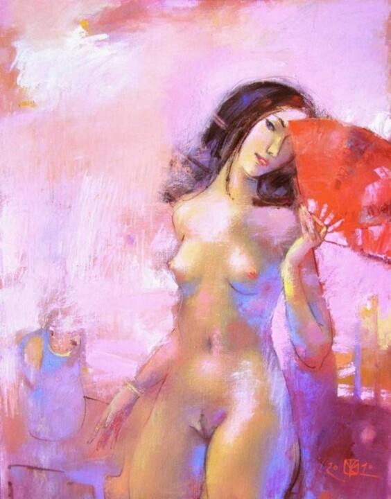 Painting titled "girl with a fan" by Vitaliy Kotendzhi, Original Artwork, Oil