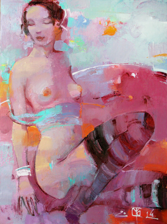 Painting titled "pink mix" by Vitaliy Kotendzhi, Original Artwork, Oil Mounted on Wood Stretcher frame